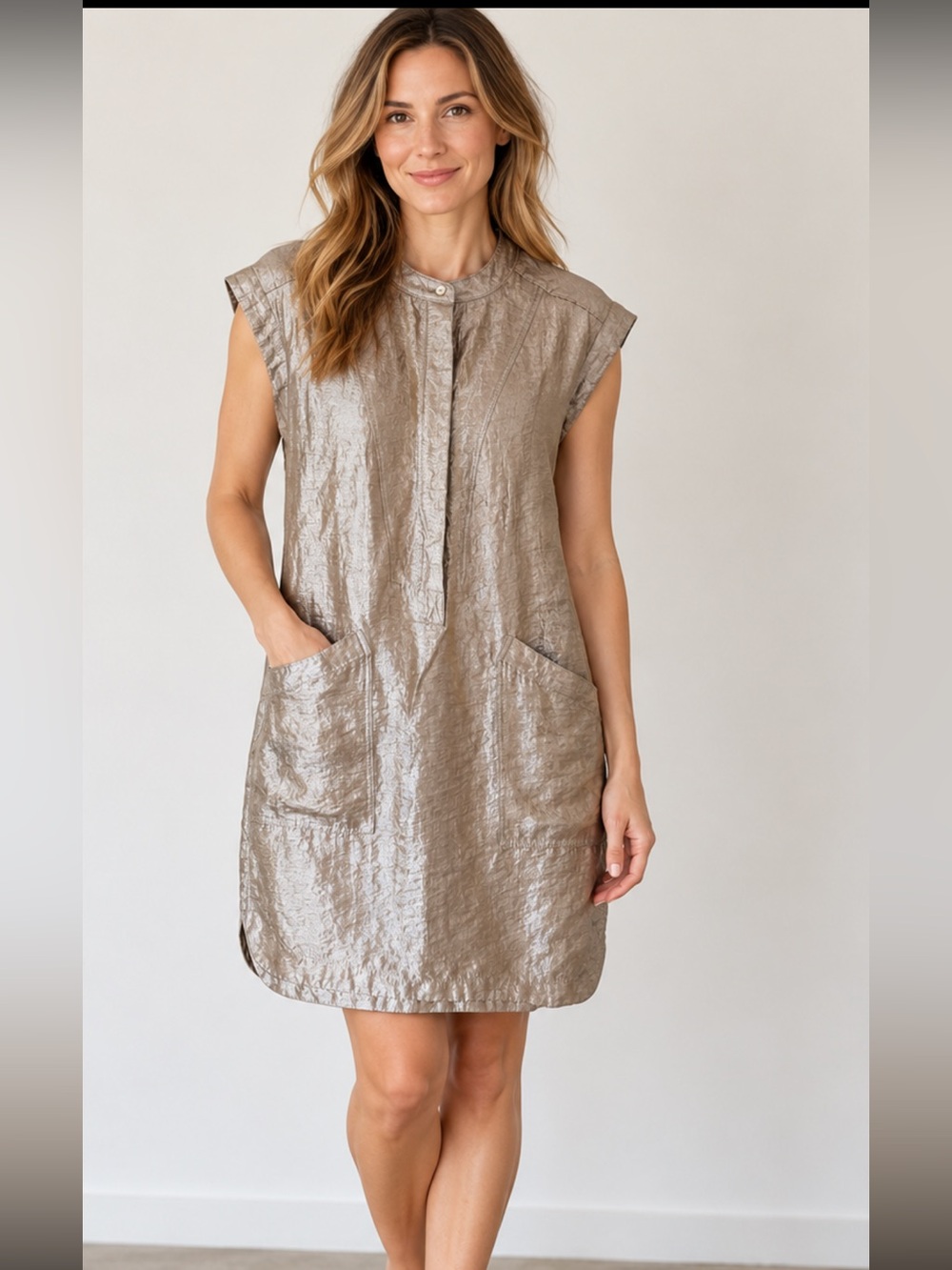Crew Size 6 Metallic Champagne Gold Tunic Shift Dress Pockets